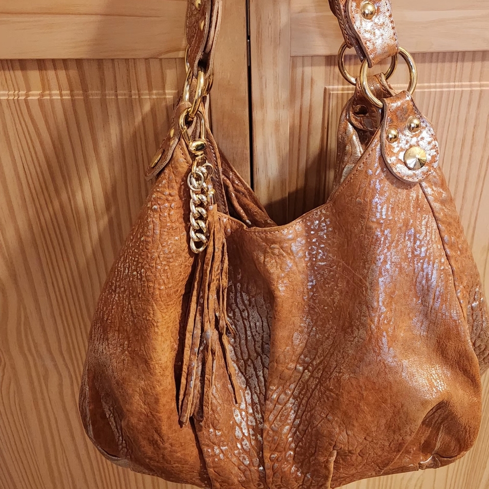 Cyntia Rowley Genuine Leather Orange Silver Print Shoulder Bag